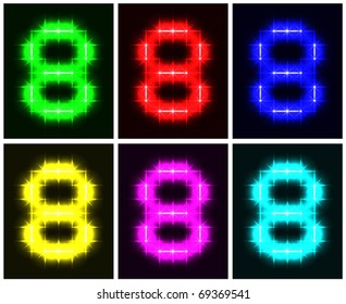 Motley set a glowing symbol of the number 8 on black background for your design. Vector illustration. EPS-10.