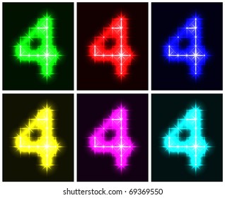 Motley set a glowing symbol of the number 4 on black background for your design. Vector illustration. EPS-10.