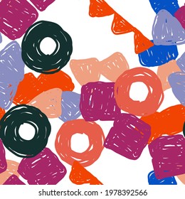 Motley Sketch Vector Seamless Pattern. Yellow And Orange Organic Doodle Wallpaper. Colorful Memphis Background. Geo Paintbrush Texture.