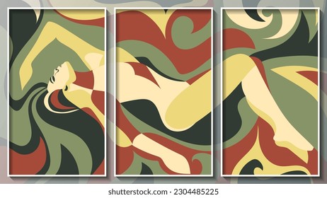 Motley street art mural. Three abstract bright colorful images in white thin frames. Author's work. Vector.