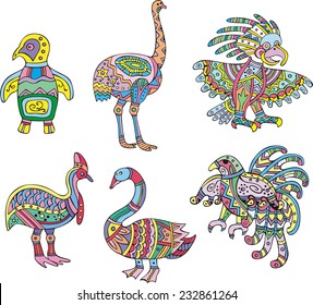 Motley swan, ostrich, penguin and other birds. Set of ethnic vector designs.