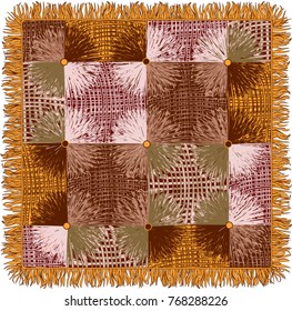 Motley tapestry with grunge striped square and circle elements in yellow,brown,beige colors isolated on white