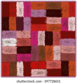 Motley tapestry with grunge woven rectangular colorful elements and wavy fringe