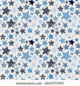 Motley textured star seamless pattern. Multi-colored stars of different sizes are randomly located on a light surface. Vector.