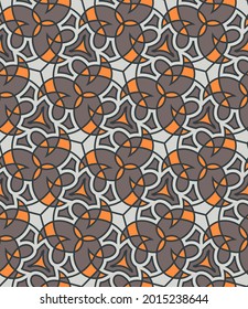motley tiled geometric seamless pattern. orange, gray, brown shapes, polygons, segments are grouped and lined up on a black background. vector