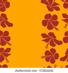 Motley vector illustration with copy space (place for your text). Vertical exotic pattern with yellow and red tropical flowers. Blooming jungle, hibiscus.