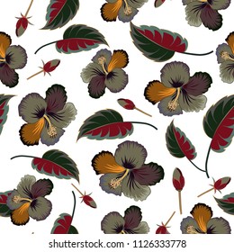 Motley vector illustration. Seamless exotic pattern with gray, white and brown tropical flowers. Blooming jungle, hibiscus seamless pattern.