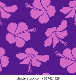 Motley vector illustration. Seamless exotic pattern with violet, pink and beige tropical flowers. Blooming jungle, hibiscus seamless pattern.