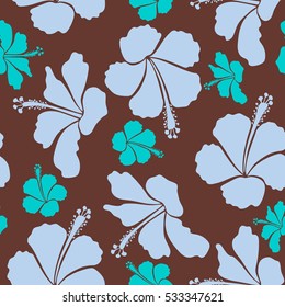 Motley vector illustration. Seamless exotic pattern with blue, neutral and brown tropical flowers. Blooming jungle, hibiscus seamless pattern.