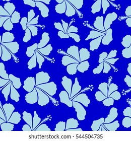 Motley vector illustration. Seamless exotic pattern with blue and neutral tropical flowers. Blooming jungle, hibiscus seamless pattern.