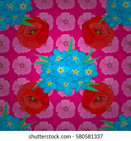 Motley vector illustration. Seamless exotic pattern with many varicolored tropical flowers on a magenta background. Blooming jungle.