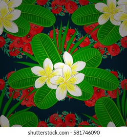 Motley vector illustration. Seamless exotic pattern with many varicolored tropical flowers on a blue background. Blooming jungle.