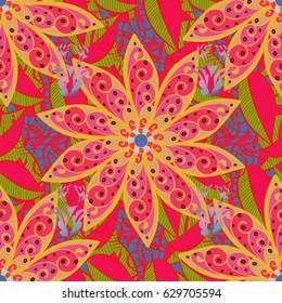 Motley vector illustration. Seamless exotic pattern with many tropical flowers. Blooming jungle.