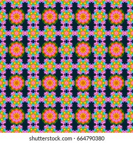 Motley vector illustration. Seamless exotic pattern with many pink tropical flowers. Blooming jungle.
