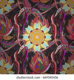 Motley vector illustration. Seamless exotic pattern with many colorful and pink tropical flowers. Blooming jungle.