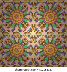Motley vector illustration. Seamless exotic pattern with many brown, beige and yellow tropical flowers. Blooming jungle.