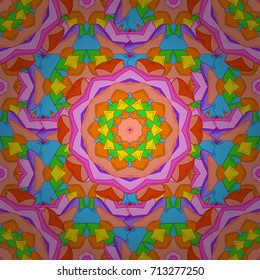Motley vector illustration. Seamless exotic pattern with many orange, pink and blue tropical flowers. Blooming jungle.