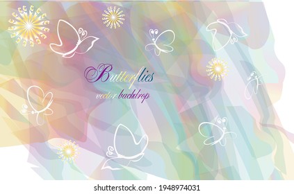 motley watercolor background. in pastel colors with tints and butterflies 