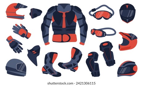 Moto accessories and clothes. Safety elements for motocross sport, bike rider. Isolated helmets, glasses, boots, jacket. Flat decent vector symbols