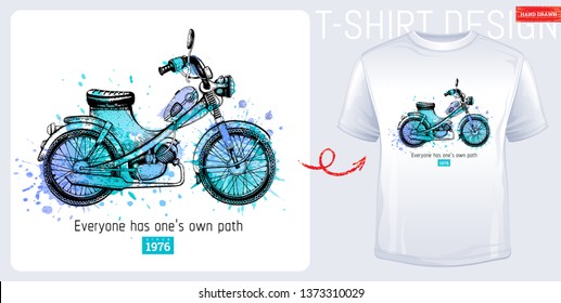 Moto bike scooter t-shirt. Motorcycle print, trendy memphis color moped with slogan isolated on white background. Hand drawn man, boy sketched vector illustration. Fashion art with watercolor splash