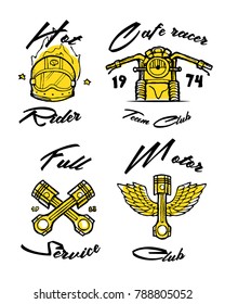 Moto biker theme, icon, logo or sticker set. Cafe racer. Golden, white background. 