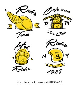 Moto biker theme, icon, logo or sticker set. Cafe racer. Golden, white background. 