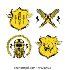 Moto biker theme, icon, logo or sticker set. Cafe racer. Golden, white background. 