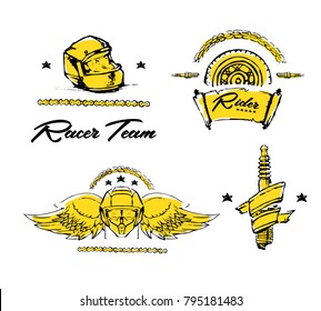 Moto biker theme, icon, logo or sticker set. Cafe racer. Golden, white background. 