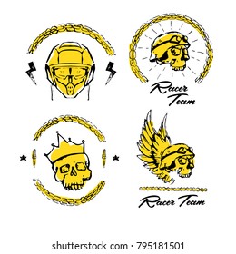 Moto biker theme, icon, logo or sticker set. Cafe racer. Golden, white background. 