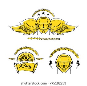 Moto biker theme, icon, logo or sticker set. Cafe racer. Golden, white background. 