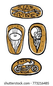  Moto biker theme, icon or sticker set. Cafe racer. Golden, white. 
