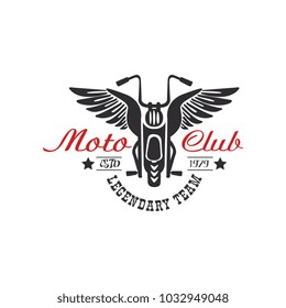 Moto club logo, legendary team, estd 1979, design element for motor or biker club, motorcycle repair shop, print for clothing vector Illustration on a white background