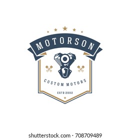 Moto club logo template vector design element vintage style for label or badge retro illustration. Motorcycle engine silhouette.