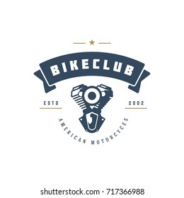 Moto club logo template vector design element vintage style for label or badge retro illustration. Motorcycle engine silhouette.