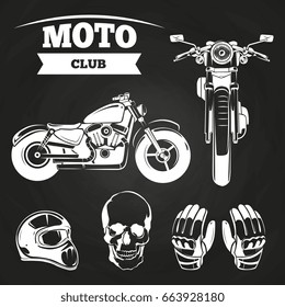 Moto club objects - human skull, motorcycle, helmet and gloves on blackboard. Vector illustration