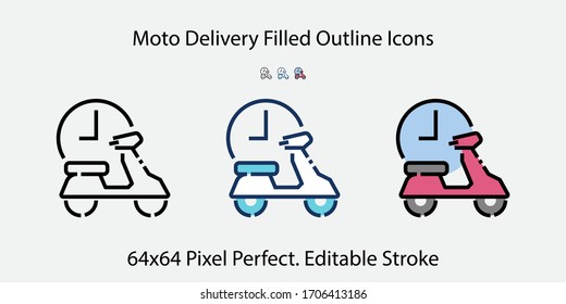 Moto Delivery Filled Outline Icons. Colorful Linear Set Vector Line Icon.  64x64 Pixel Perfect. Editable Stroke