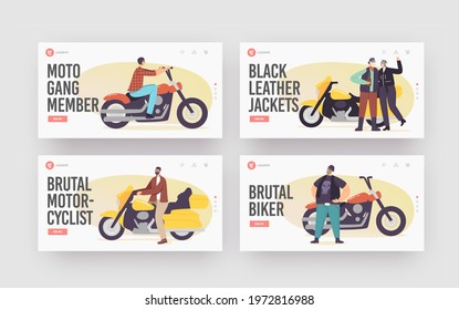 Moto Gang Members Landing Page Template Set. Brutal Biker Characters In Leather Clothes And Helmets With Goggles Riding Motorcycles, Drinking Beer And Enjoying Life. Cartoon People Vector Illustration