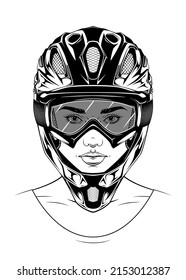 Moto girl with baseball helmet and mask. Isolated vector template