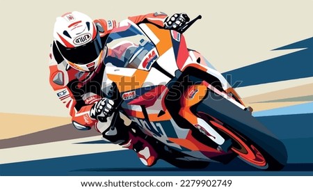 Moto gp vector art. Man on a motorbike at high speed leaning in the curve. Racing sport. Motogp championship. Silhouette on road on a moto competing for championship. Circuit track Background poster