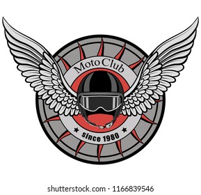 Moto helmet with wings on the background of a circle with an inscription.