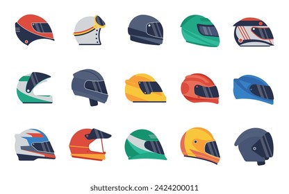 Moto helmets. Motorcycle helmet, biker racing uniform. Headgear daily or sport style, head protect for drivers. Isolated accessories decent vector set