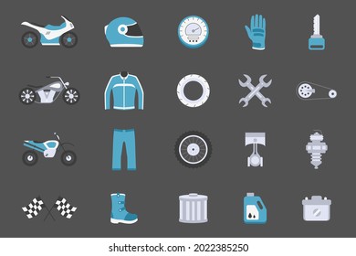 Moto Icons set - Vector color symbols of motorcycle, engine, wheel, helmet and other parts and accessories for the site or interface