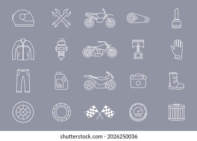 Moto Icons set - Vector outline symbols of motorcycle, engine, wheel, helmet and other parts and accessories for the site or interface