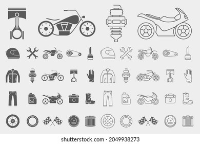 Moto Icons set - Vector outline symbols and silhouettes of motorcycle, engine, wheel, helmet and other parts and accessories for the site or interface