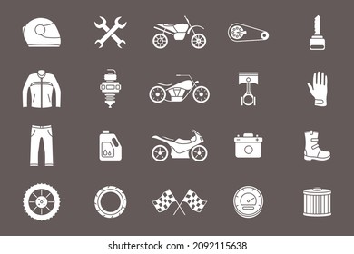 Moto Icons set - Vector silhouettes of motorcycle, engine, wheel, helmet and other parts and accessories for the site or interface