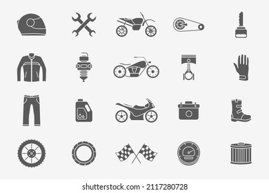 Moto Icons set - Vector silhouettes of motorcycle, engine, wheel, helmet and other parts and accessories for the site or interface