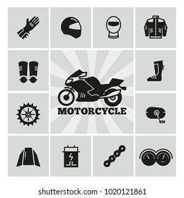 Moto parts motorcycle accessories silhouette icons set. Gear for motorbike. Vector illustration