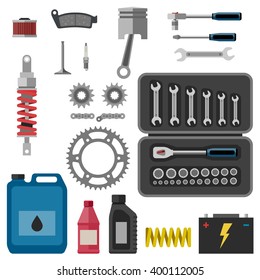 Moto parts with tools in flat style.