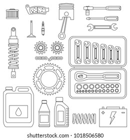 Moto parts with tools. Line drawings of vehicle parts.