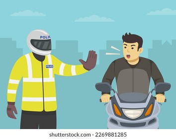 El oficial de patrulla de Moto hace un gesto de paro con la mano. Un furioso motociclista gritando a la policía. Vista de cierre. Plantilla de ilustración vectorial plana.